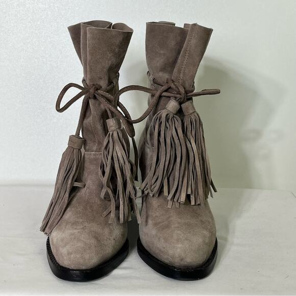 Jeffrey Campbell LaForge Tan Suede Heeled Boots with Fringe Size 6.5 EUC - Picture 2 of 6